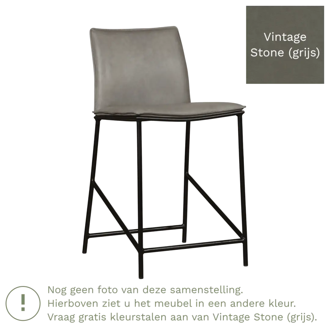 afbeelding van Leren barkruk laag Favor - Vintage Stone (grijs) - poten staal rond zwart